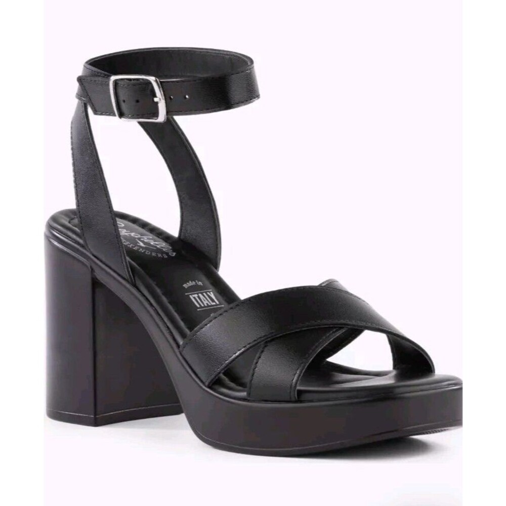 8.5M Seychelles Sand Castle Black Leather Platform Strappy Sandal Women's
